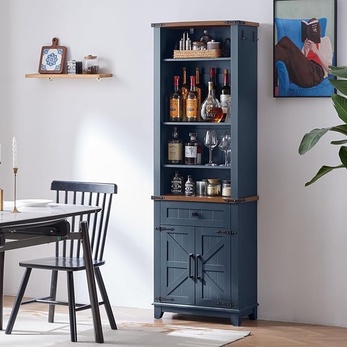 72in Tall Bookshelf 7 Tier Bookcase with Drawer and Barn Doors and Adjustable Shelves, Blue Farmhouse Book Shelf with Storage Cabinet, Wood Freestanding Display Bookshelves for Kitchen (4PCS)