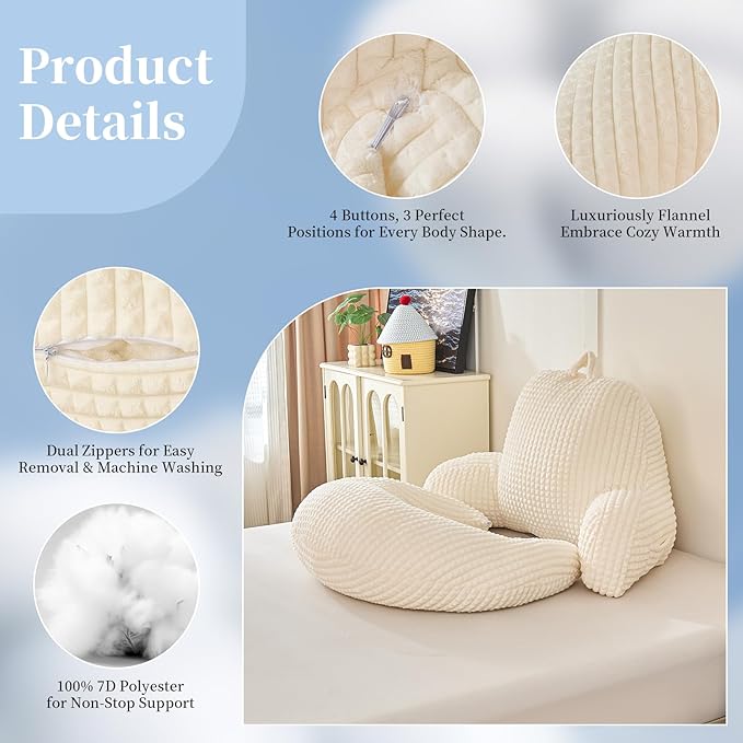 Reading Pillow for Bed,U Shaped & Back Support Pillow for Bed,17" Backrest with Lumbar & Arm Support,Comfy Flannel Fabric,Lap Pillow for Gaming/Reading/Watching TV,White