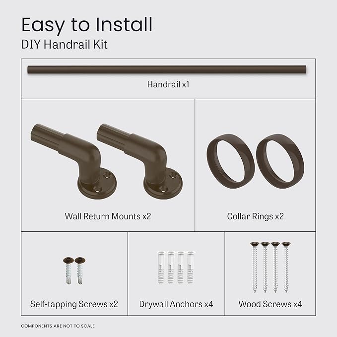 Meranti Aluminum Handrail for Stairs - ADA Compliant Wall Returns - Handrails for Indoor Stairs - Metal Handrail, Powder Coated for Outdoor Environment, DIY Handrail Kit (WHR, Bronze Textured, 3' L)