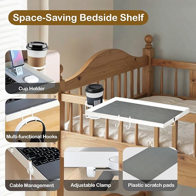 Metal Bedside Shelf for Bunk Bed & Top Bunk, Clip On Bed Side Table Tray Organizer for College Dorm Room,Loft Nightstand, Organizer Tray with Hook, Cord Clip and Cup Holder (White)