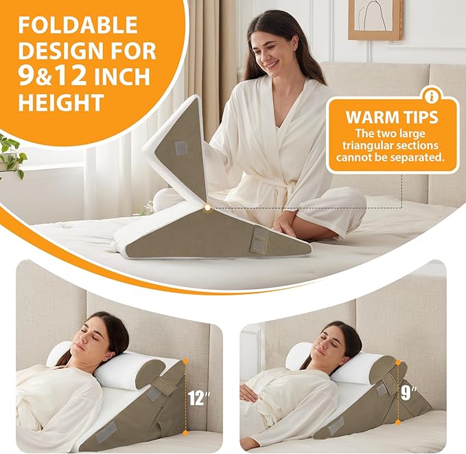 3PCS Wedge Pillow Set for After Surgery, Adjustable 9&12 Inch Bed Wedge Pillow for Sleeping, Incline Pillow Wedge for Headboard, Post Surgery, Acid Reflux, Neck&Back Support, Brown