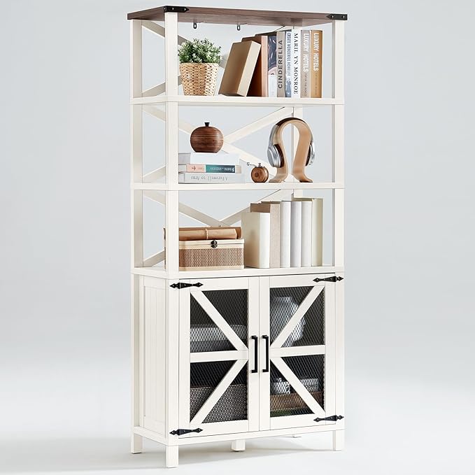 5 Tier Bookshelf 70" Tall Bookcase with Barn Doors,Large Farmhouse Display Book Shelf with Adjustable Shelves and Storage Cabinet，Library Wood Bookshelves for Living Room,Kitchen,White(3PCS)