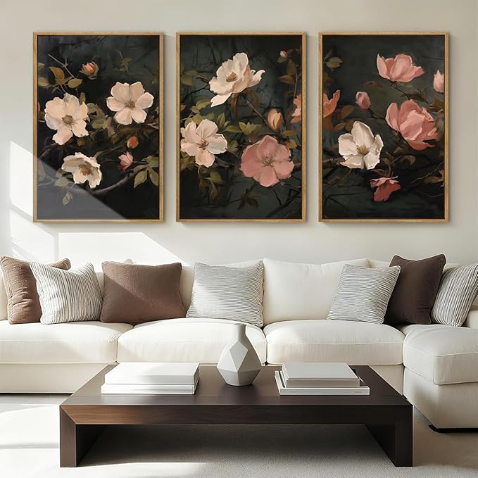 IARTTOP Large Black Floral Framed Canvas Wall Art 16x24 Inch Dark Moody Floral Art Prints Set of 3 Modern Botanical Wildfower Wall Decor for Living Room Bedroom Office
