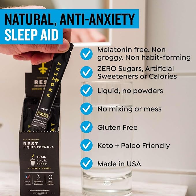 PROTEKT GABA L Theanine Supplement | Melatonin-Free Sleep Aid for Adults | Valerian Root for Night Support & Restful Sleep | GABA Calm Liquid Drink Mix for Adults | Lemon Ginger, Pack of 10