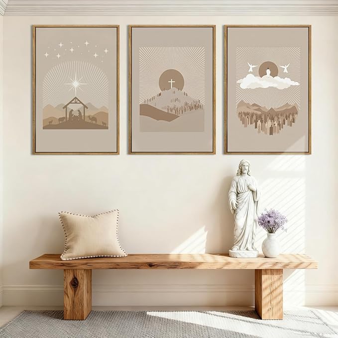 IARTTOP Extra Large Jesus Framed Wall Art 24x36 Inch Set of 3 Brown Nativity Christian Canvas Wall Decor Grey Bible Verse Artwork for Church Living room Bedroom