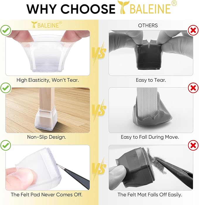BALEINE 24 Pack Silicone Chair Leg Floor Protectors, Stool Leg Protectors Cap, Non-Slip Chair Leg Caps for Hardwood Floors (Clear & Small (Square), 24 Pack)