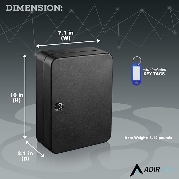 AdirOffice Key Lock Box – 48 Key Hooks Wall Mounted Key Cabinet Lock Box, Car Keys Holder Box, Lockable Key Storage Box - Metal Key Box Organizer with for Home and Office