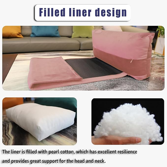 Velvet Recliner Head Pillow with Non-Slip Base - Adjustable Neck Support for Pain Relief in Home, Office and Travel (Pink)