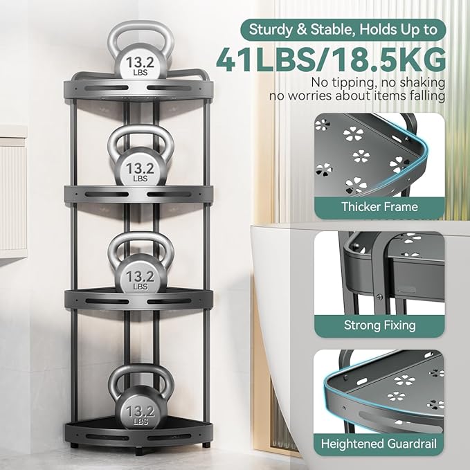 Corner Shower Caddy Stand, 4 Tier Standing Shower Organizer with Soap Holder, Rustproof Shower Shelves for Bathroom Shampoo Storage, Grey