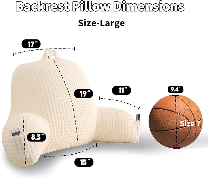 Reading Pillow for Sitting in Bed, Large Backrest Reading Pillow with Arm Rest,Back-Rest Support Cushion for Sit Up on Couch, Sofa, and Floor, Dorm Essentials (Cream Flannel, Large(19"))