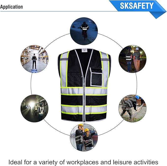 SKSAFETY 10 Pockets Safety Vest, Class 2 High Visibility Security with Zipper, Hi Vis Vest with Reflective Strips, ANSI/ISEA Standard, Construction Work Vest for Men ＆ Women （Black, M）