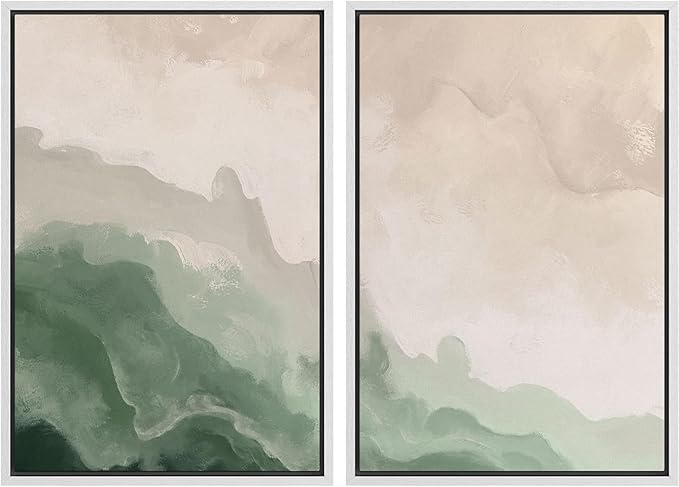 MUDECOR Framed Canvas Print Wall Art Soft Green and Beige Abstract Calming Watercolor Landscape Illustrations Modern Art Decorative Bohemian Chic for Living Room, Bedroom, Office - 24"x36"x2 White