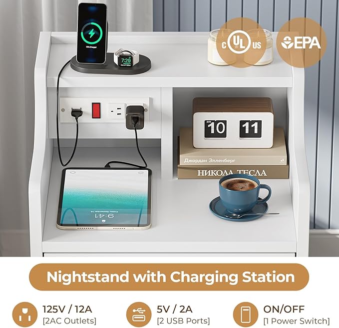 ADORNEVE Night Stand Set 2,White Nightstand with Charging Station & Hutch,Night Stands for Bedrooms Set of 2,Bedside Table with Drawers