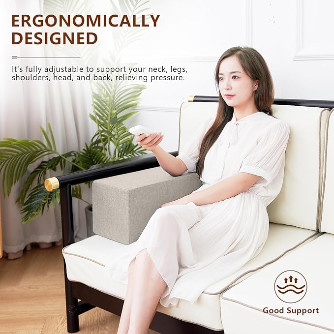 2 Pack Couch Arm Rest Pillow, 8''x8''x20'' Linen Cover, High Density Foam Armrest Cushion, Removable & Washable Elbow Support for Sofa, Bed, and Armchair (Beige)