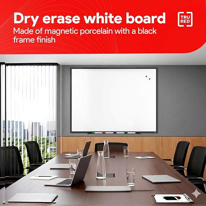 Staples TRU RED Magnetic Dry Erase Whiteboard, 4 x 3 Feet, 4 Multicolor Markers, Black Finish Aluminum Frame for Home, Office, School, White