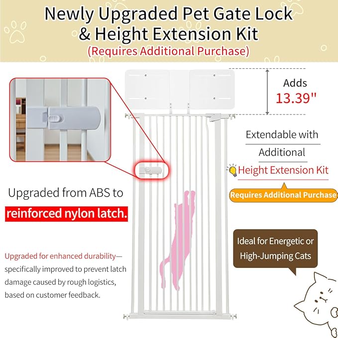 Lumizone Extra Tall Cat Gate 61.02" High Pressure Mounted Extra Wide 2025 New (17 Sizes) 1.37" Gap No Drilling Auto-Close One-Handed Operation Tall Pet Gate for Dogs(White, 61.02" H x 42.52"-46.64" W)