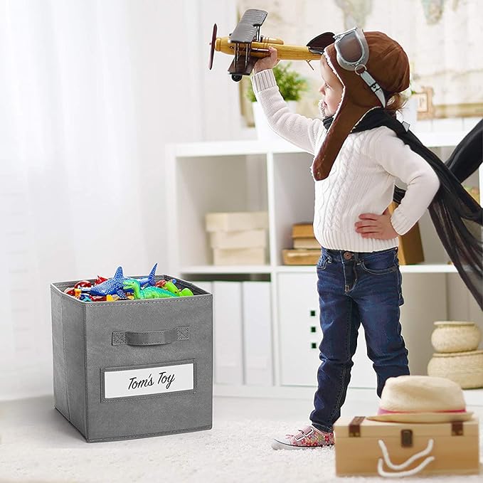 artsdi 13x13x13 storage cube bins(Set of 8) Fabric storage cubes with 8 Labels Window Cards & a Pen, storage cubes 13x13, Collapsible 13 inch cube storage bins, Cubby Organizer Boxes, Gray