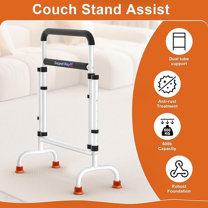 Stand Assist for Chair & Couch – Reinforced Dual-Tube Design, Height Adjustable Mobility Aid for Seniors, Lightweight Metal Frame with 600lb Capacity,White