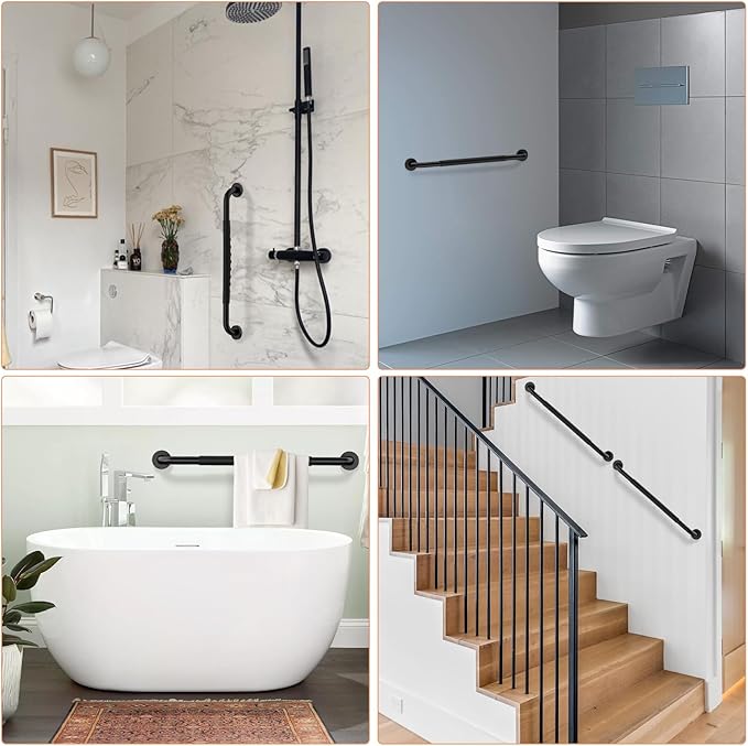 2 Pack 24 Inch Black Shower Grab Bar w/Anti Slip Rubber Grip,ZUEXT Stainless Steel Bath Grab Bar,Bathroom Balance Bar,Wall Mount Safety Handrail Support,Handicap Injury Elderly Senior Assist Handle