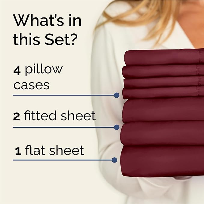 Split King 7 Piece Sheet Set - Cooling and Breathable Bed Sheets - Hotel Luxury Bed Sheets for Women, Men, Kids & Teens - Deep Pockets - Easy Fit - Soft and Wrinkle Free - Split King Burgundy Sheets