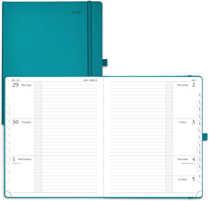 POPRUN 2026 Weekly & Monthly Planner Calendar, 8.5" x 10.5" Large, Horizontal Layout with Lined Sections, Jan. 2026 - Dec. 2026, Leather Hardcover, 100GSM Paper, Inner Pocket- Pacific Green
