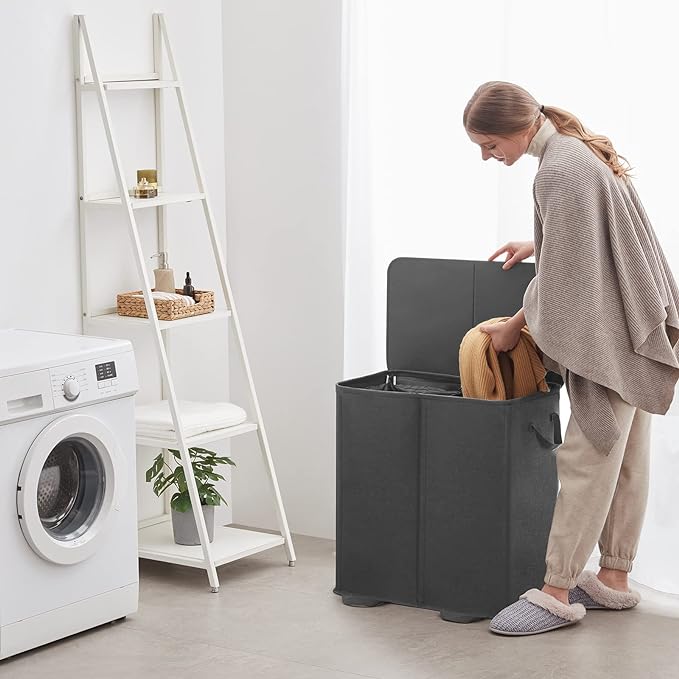 Lifewit Double Laundry Hamper with Lid and Removable Laundry Bags, Large Collapsible 2 Dividers Dirty Clothes Basket with Handles for Bedroom, Laundry Room, Closet, Bathroom, College, 136L Black
