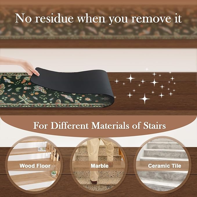 OJIA Insect Print Stair Treads Non Slip Stair Runners for Wooden Steps Indoor, 15PCS 8"x30" Rubber Backing Carpet Treads for Wood Stairs Staircase Step Treads for Kids & Dogs, Stair Covers, Black