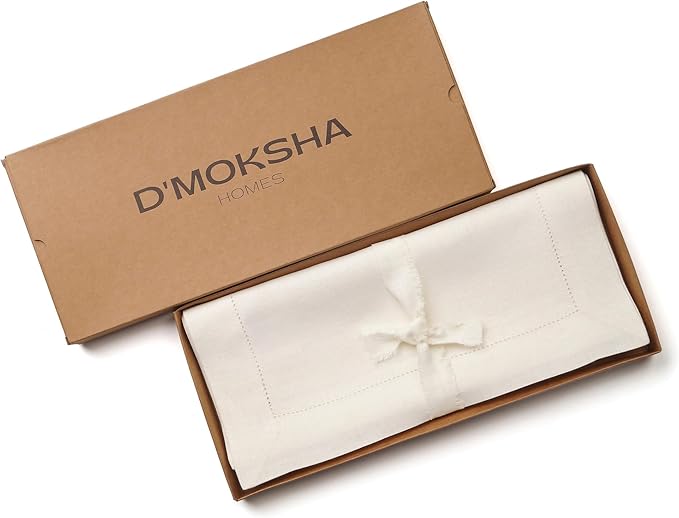 D'Moksha Homes Linen Ivory Table Runner 144 Inches Long - 100% Pure Linen Extra Long Table Runner 14 x 144 Inch for Valentines, Spring, Easter - Classic Hemstitch