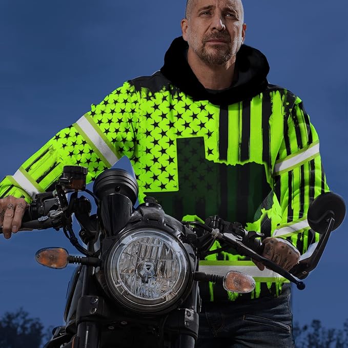 US Flag High Visibility Hoodie for Men Reflective Hoodie Safety Workwear for Worker Runner Patriotic ACC02