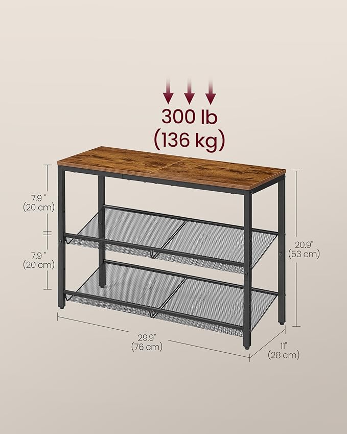 VASAGLE Shoe Rack for Entryway, 3-Tier Shoe Rack Organizer with Storage Shelves and Spacious Top, Freestanding, Adjustable, Industrial, Rustic Brown and Ink Black ULBS043KD01