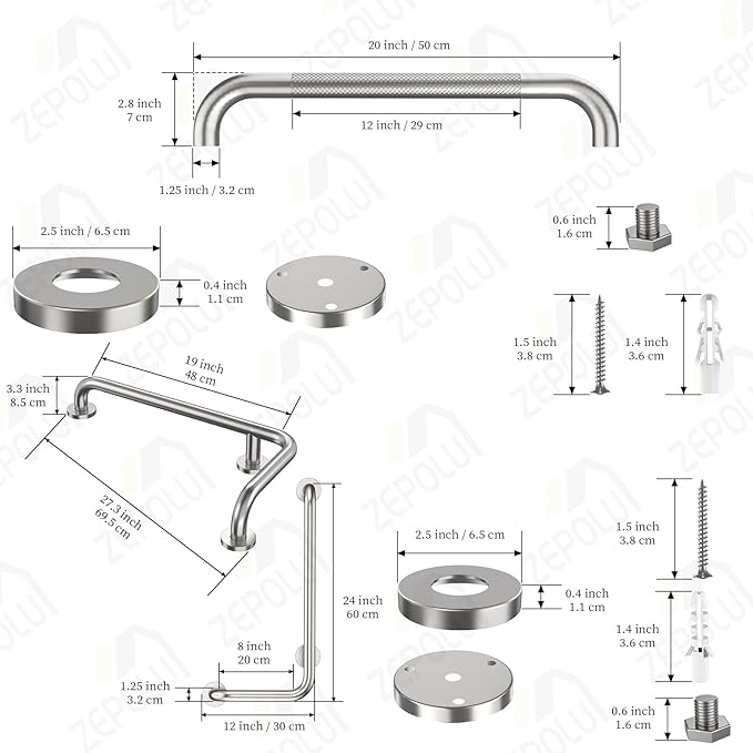 Brushed Nickel L-Shaped Grab Bar 12x24 Inch + Knurled Shower Grab Rail 20 Inch, Zepolu Stainless Steel Toilet Safety Bar 90 Degree, Angled Balance Support Assist Bar, Bathroom Mobility Aid Handrail