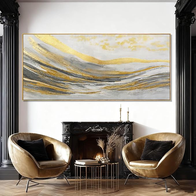 Artexist Abstract Wall Decor White and Gold Line Canvas Art Pictures Vintage Wall Art 32"x70" Large Artwork for Living Room Office Art