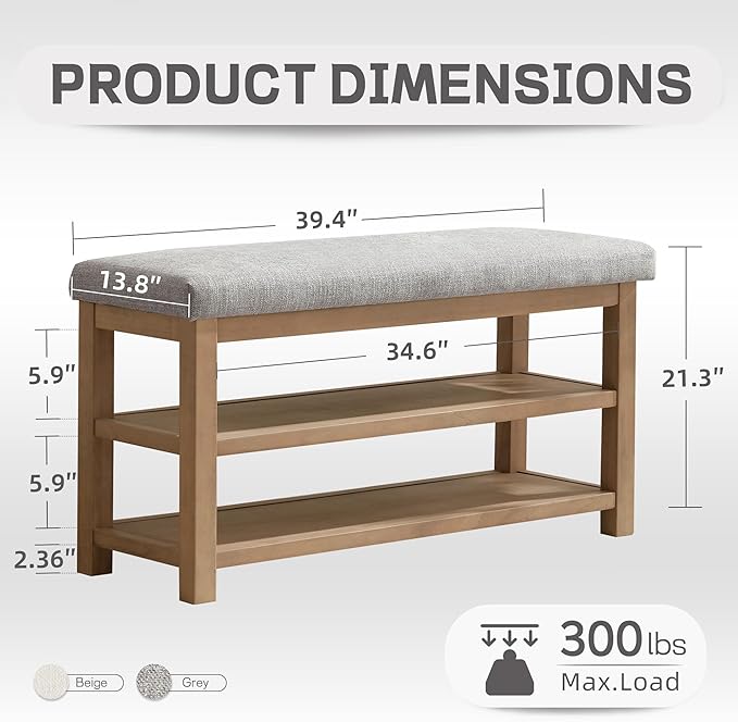 2 Tier Shoe Rack Bench with Cushion, Solid Wood Shoe Benches, Mid-Century Modern Shoe Storage Bench for Entryway, Hallway, Living Room, Closet, Front Door Entrance, (Grey, 39.4")