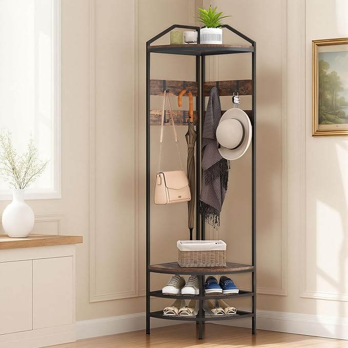 HOMCOM Corner Hall Tree, Industrial 4-Tier Coat Rack with Shoe Storage, 8 Movable Hooks and 2 Storage Shelves, Freestanding Entryway Coat Rack with Steel Frame for Hallway, Rustic Brown