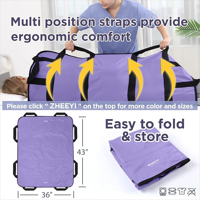 Positioning Bed Pad with Reinforced Handles 43" x 36" Patient Transfer Sheet Aid Assistant for Body Lifting, Turning, Repositioning, for Elderly, Incontinence, Caregiver, Purple