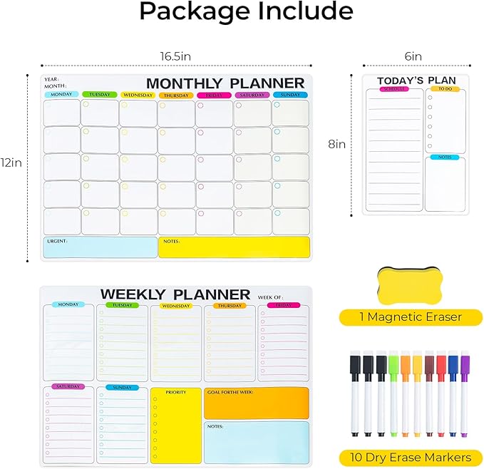 M&G Magnetic Dry Erase Calendar Set for Fridge, 3 Pack Planning Whiteboard with 10 Markers and Eraser, Monthly & Weekly & Daily Chore Chart for Refrigerator Wall Door
