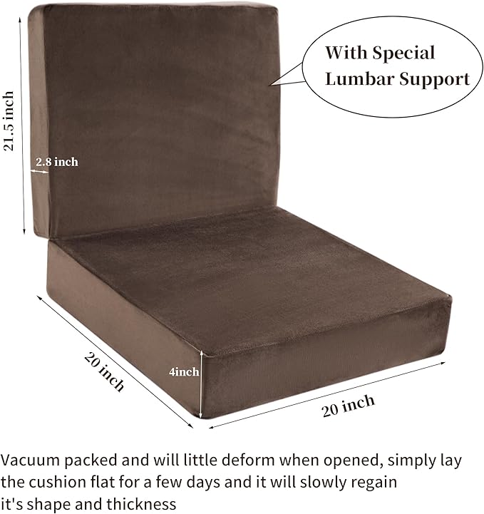 HOMBYS Foam Recliner Chair Cushions for Elderly, 4" Thick Chair Pads with Back Support for Office, Non-Slip Medium Firm Seat Cushion with Lumbar Pillow (Brown, 21.5" Backrest)