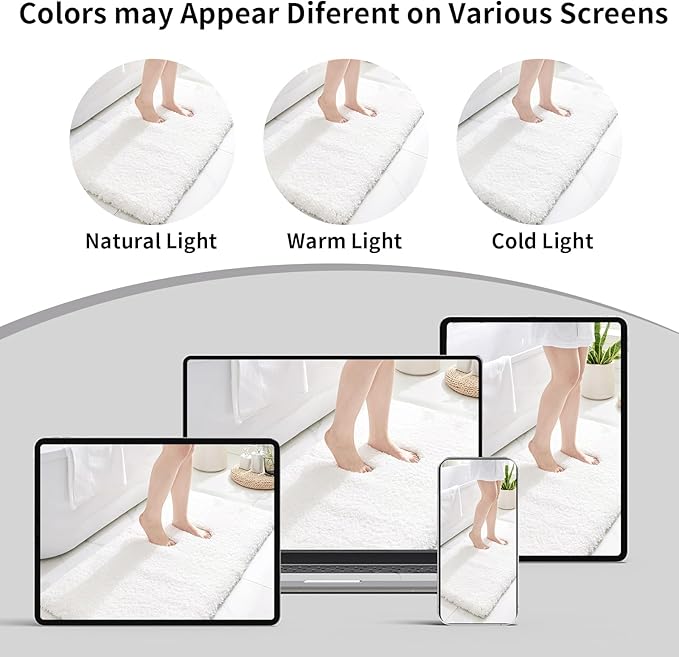 White Bathroom Rugs 24x36 Non Slip Fluffy Bath Mat for Bathroom Floor Washable Plush Luxury Bath Rug for Tub Soft Shaggy Absorbent Shower Sink Mat