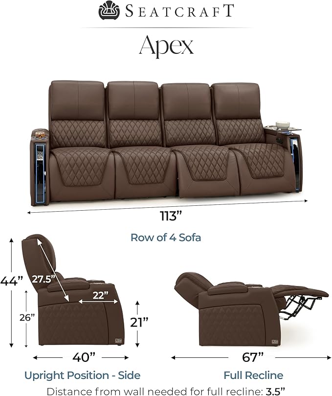 Seatcraft Apex Zero-Gravity CoolZero Italian Leather Home Theater Seating, Powered Headrest, Powered Lumbar, Powered Recline, Row of 4 Sofa, Brown