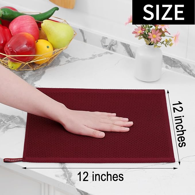 Homaxy 100% Cotton Waffle Weave Kitchen Dish Towels, Ultra Soft Absorbent Quick Drying Cleaning Towel, 13 x 28 Inches, 4-Pack, Burgundy