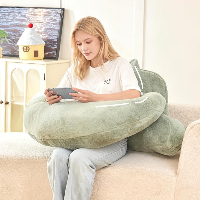 Reading Pillow for Bed,U Shaped & Back Support Pillow for Bed,19" Backrest with Lumbar & Arm Support,Luxurious Faux Rabbit Fur,Gaming PillowFor Crochet/Reading/Watching TV,Green