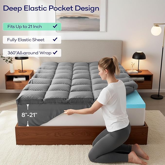 OLANLY Dual-Layer 4 Inch Queen Size Memory Foam Mattress Topper for Back Pain, 2 Inch Cooling Pillow Top Mattress Pad Cover and 2 Inch Gel Memory Foam Topper, Deep Elastic Pocket, Grey