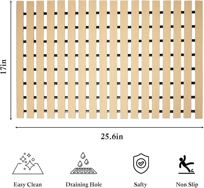 Non Suction Cups Shower Mat(16.9" × 25.7"),Non Slip Shower Mats for Inside/Outside Shower,Heavy Duty Rubber Shower Floor Mat for Elderly (Apricot)