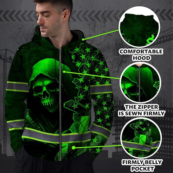 Maddly Hi Vis Reflective Zip Up Hoodie, High Visibility Safety Jacket with Skull Design for runner, worker, trucker, cyclist