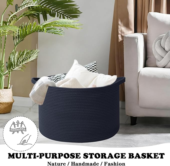 Large Storage Basket with Handle,23.6" x 23.6" x 15.7" Blanket Basket Storage Bins for Organizing,65L Cotton Rope Woven Baskets for Living Room, Nursery,Bedroom,Dark Blue