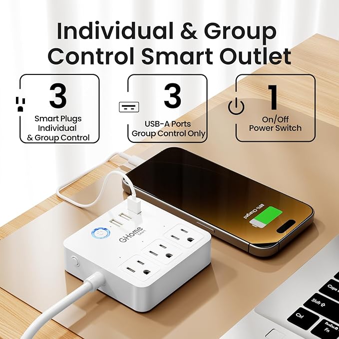 GHome Smart Power Strip Surge Protector 10A, Smart Plug That Works with Alexa & Google Home, 6 in 1 WiFi Outlets with APP Control, White Extension Cord 2.4G WiFi Only, ETL FCC Listed, No Hub Needed