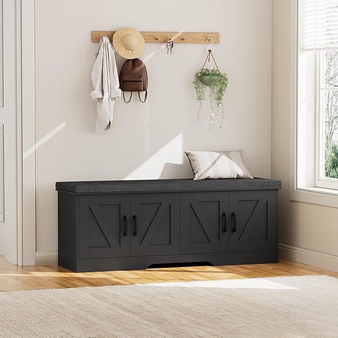 2-Tier Storage Bench, 47.2" Wide Shoe Bench with Padded Seat Cushion, Entryway Bench with 4 Barn Doors and Adjustable Shelf, Black
