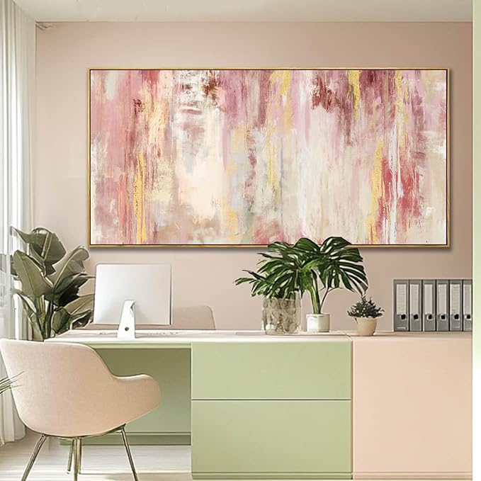 SOUGUAN Pink and Gold Pictures Canvas Wall Art for Bedroom Abstract Hand Paintings Home Decor for Bedroom Kitchen Office Wall Decorations Ready to Hang 30 x 60 Inch