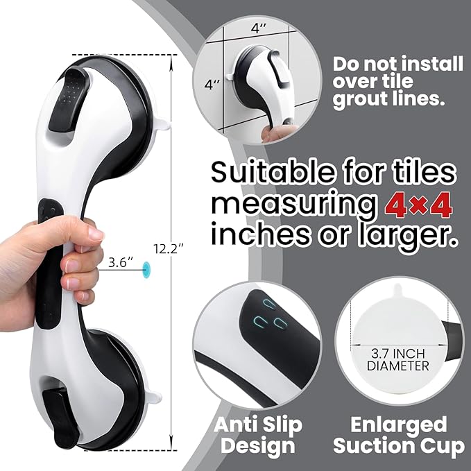 TAILI Shower Grab Bar Glow in The Dark, 2 Pack 12.2 in Grab Bars for Bathtubs and Showers, Shower Handle Shower Rail for Seniors and Elderly,Bathroom Safety Grip Removable No Drilling Waterproof Black