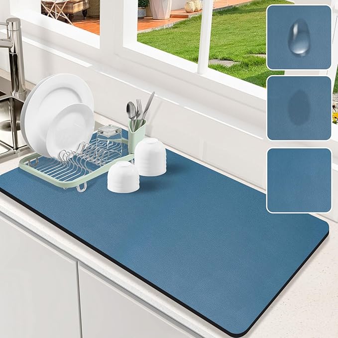 Dish Drying Mat for Kitchen Counter, 17"x31.5" Dish Drying Pad with Non-slip Rubber Backed, Hide Stain Anti Absorbent for Kitchen Counter, Drying Mat for Coffee Machine Dish Rack (Blue)